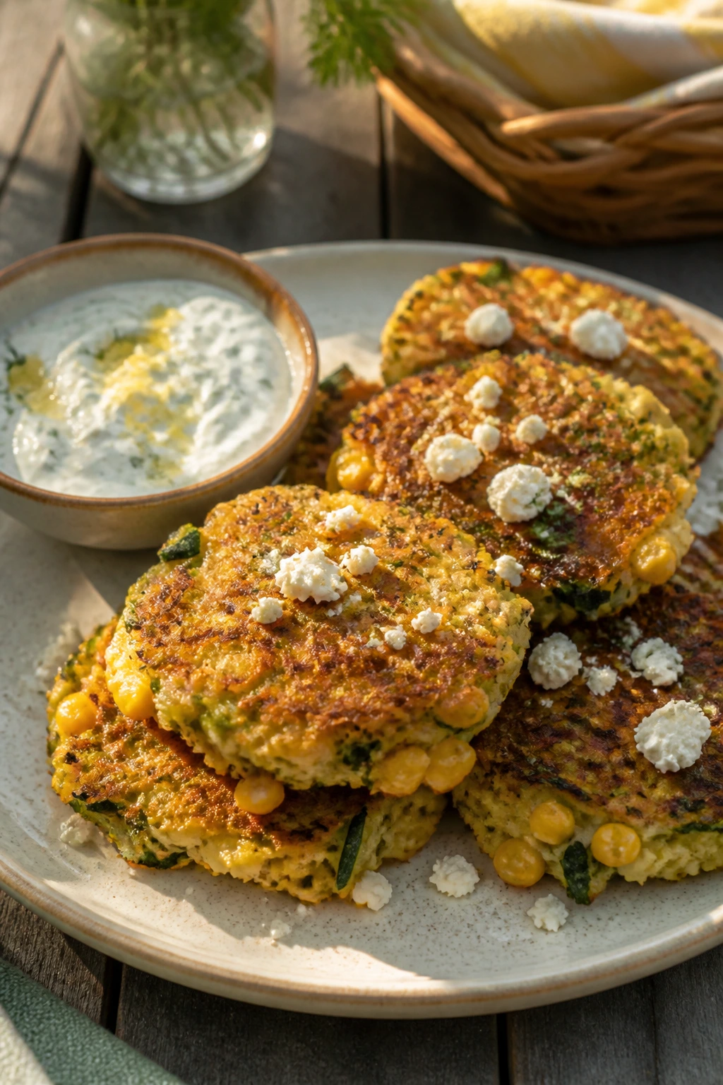 Golden fritters with corn and zucchini served with yogurt dip outdoors.