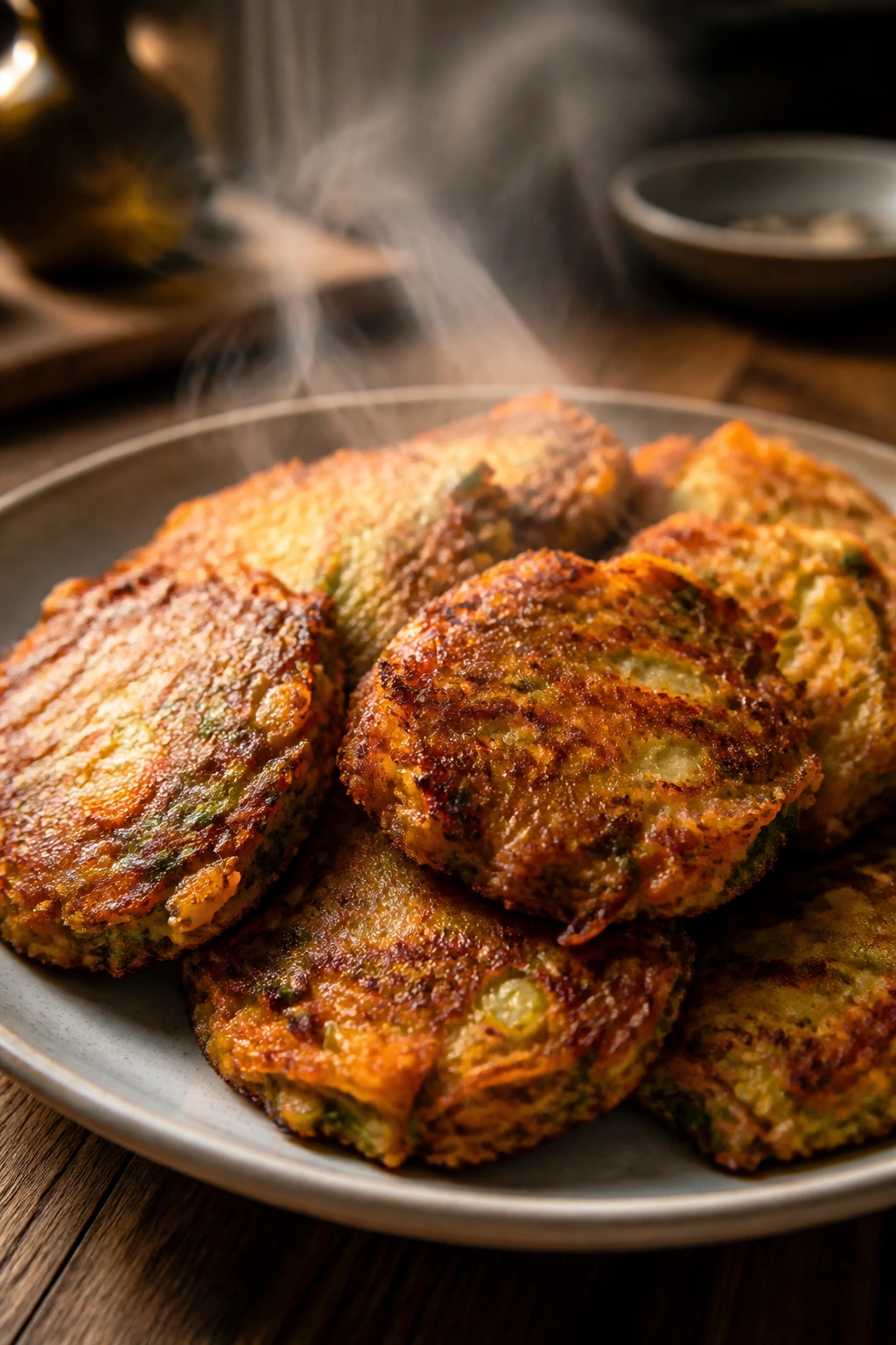 Plate of roasted veggie fritters on wooden table
