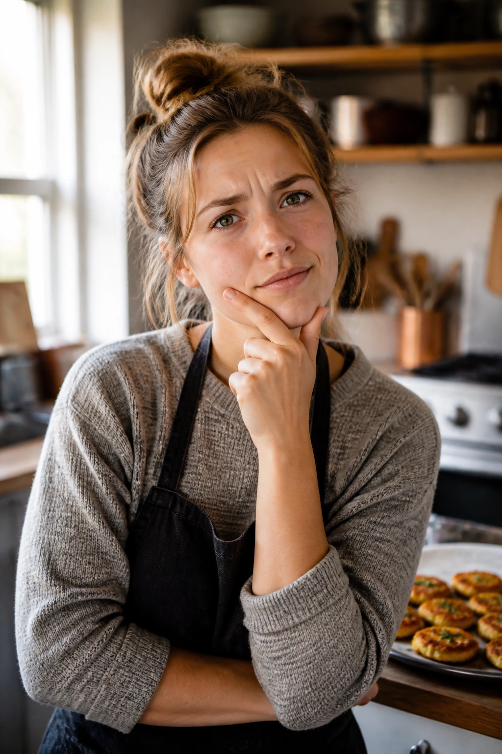Real person in a kitchen thinking about roasted veggie fritters