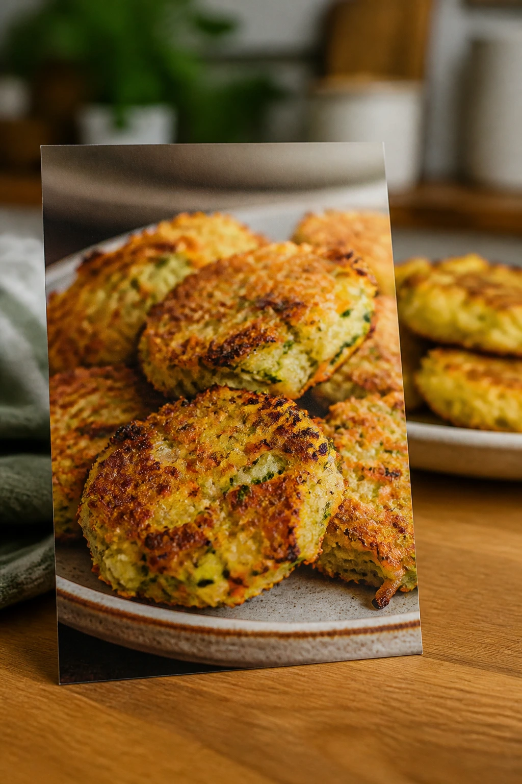 Recipe card with fritters photo on a kitchen counter
