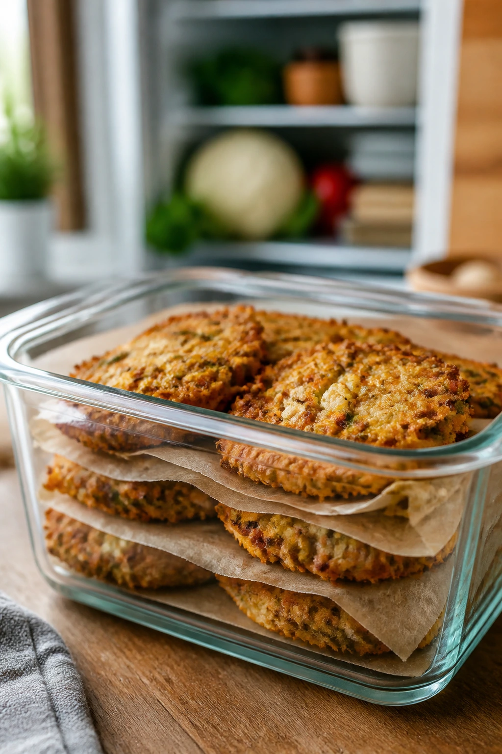 Glass container of roasted veggie fritters with parchment between layers on a kitchen counter