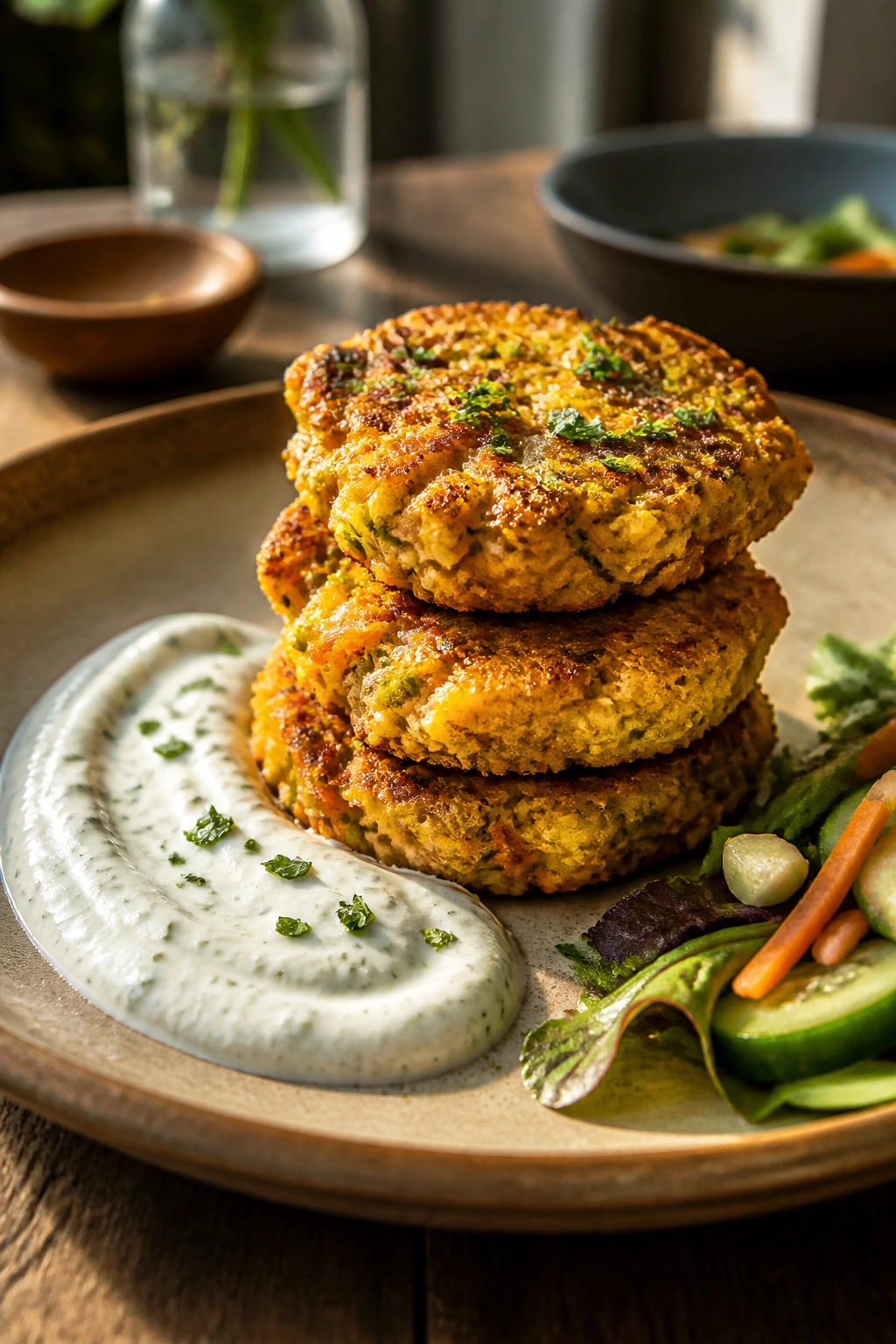 Three fritters on plate with yogurt sauce beside them