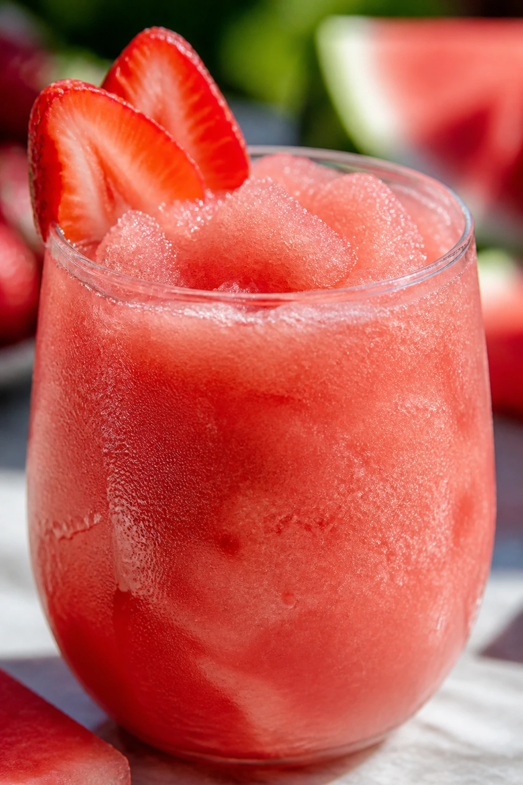 Close-up of Strawberry Watermelon Frosé Punch in a glass with strawberry garnish