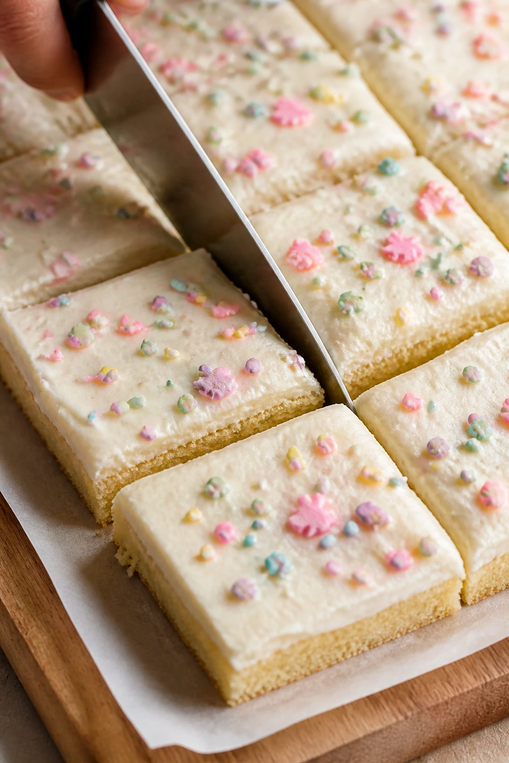 Sharp knife cutting clean squares from frosted bars on a cutting board