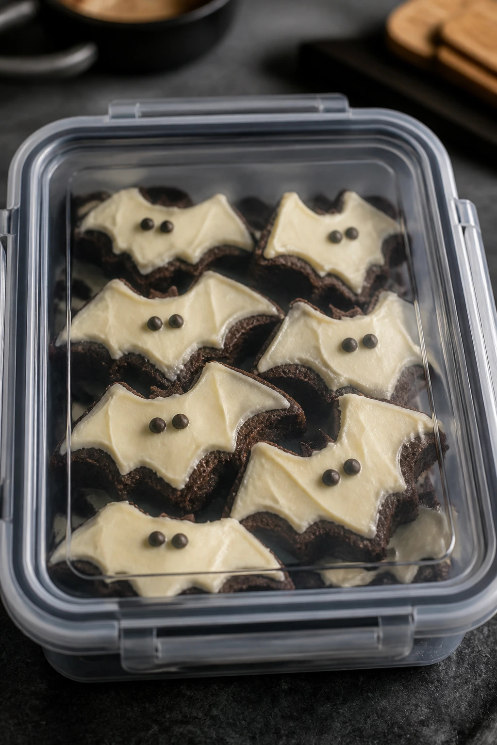Container of frosted bat brownies ready for storage