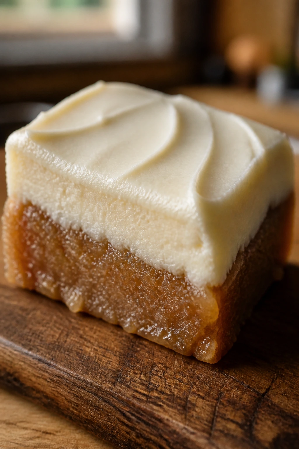 Close-up of glossy frosted candy square on wood board with cream cheese frosting