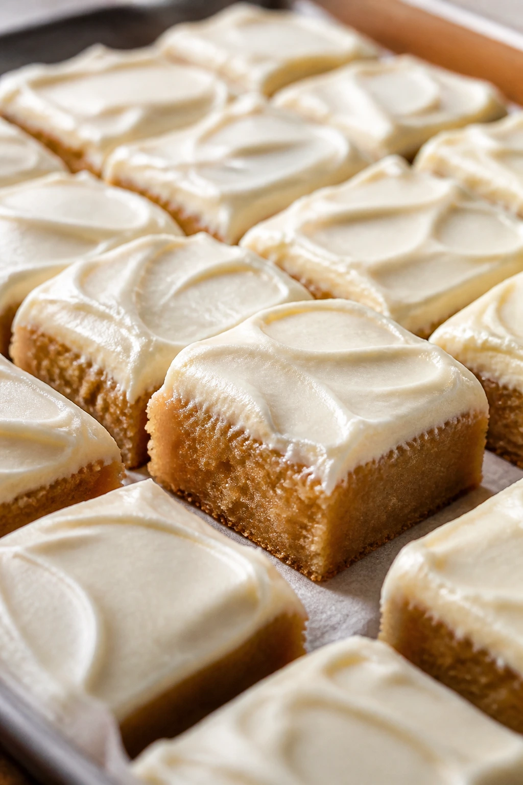 Frosted sugar candy squares arranged on parchment-lined sheet