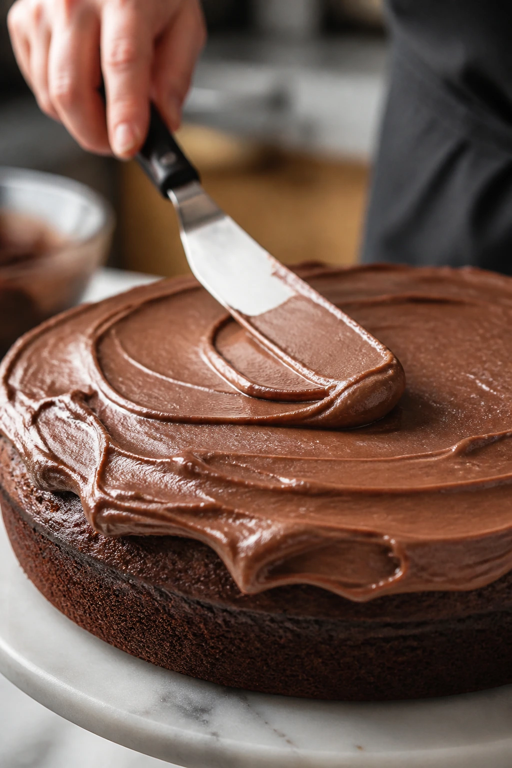 Close-up of frosting being spread on a cooled chocolate cake with spatula