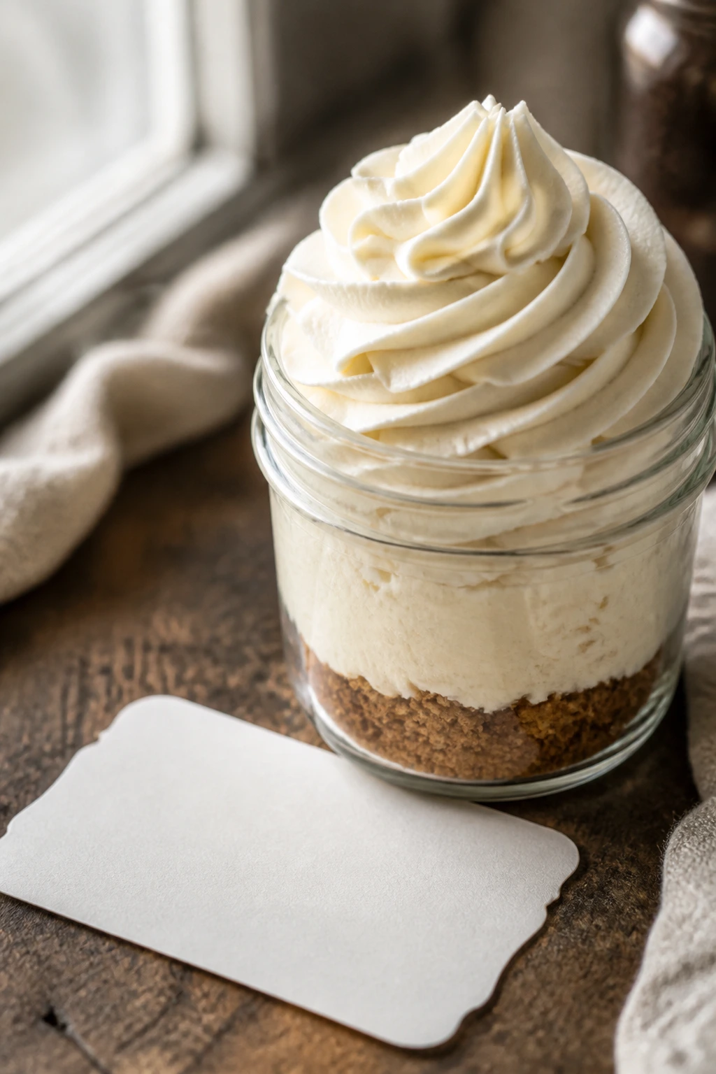 Cheesecake jar with frosting beside a plain blank recipe card surface