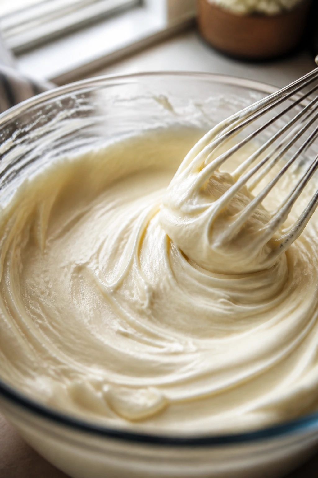 Cream cheese frosting in a bowl being whipped to smooth texture.