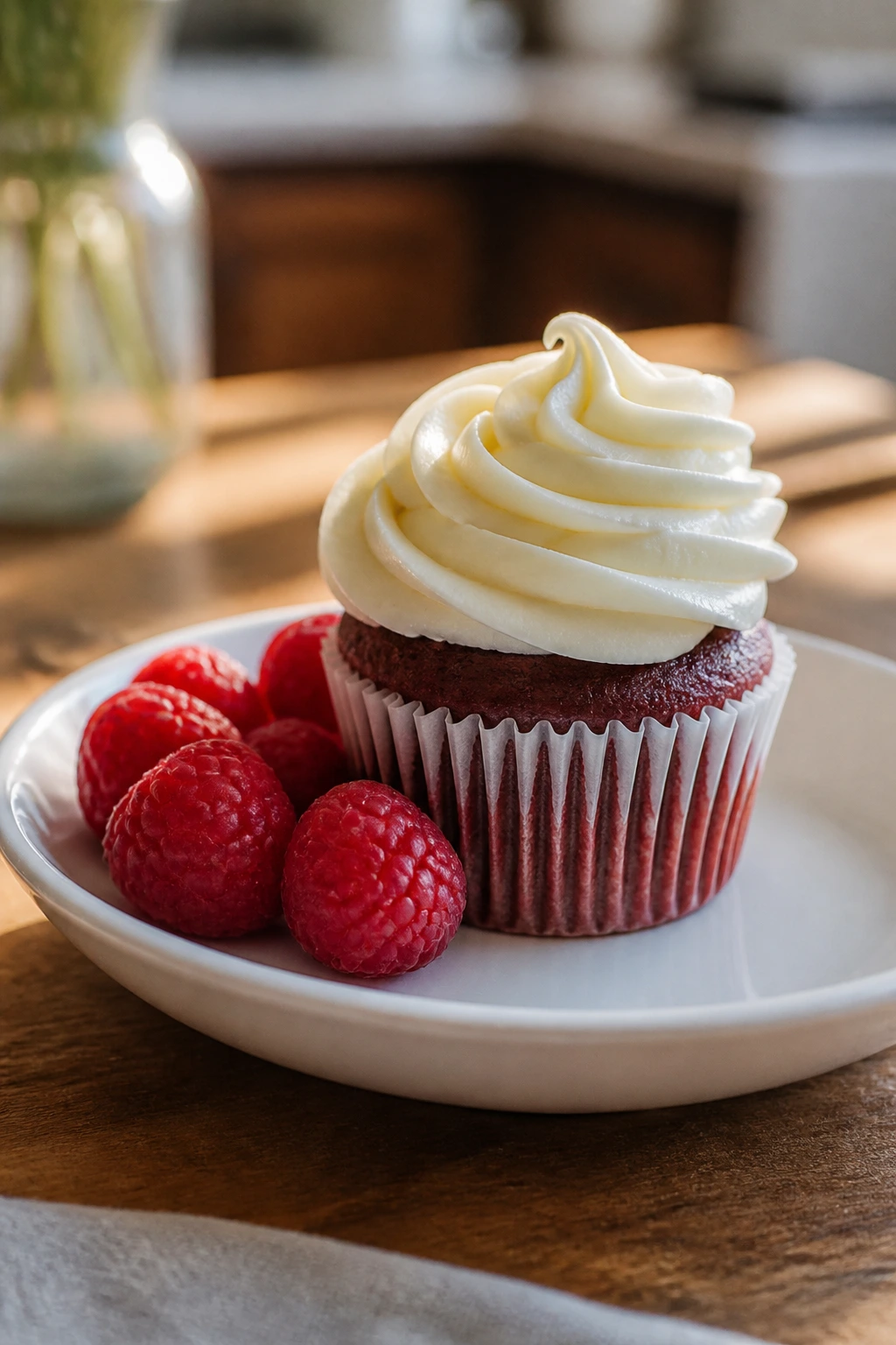 Frosted cupcake on plate with raspberries ready to serve