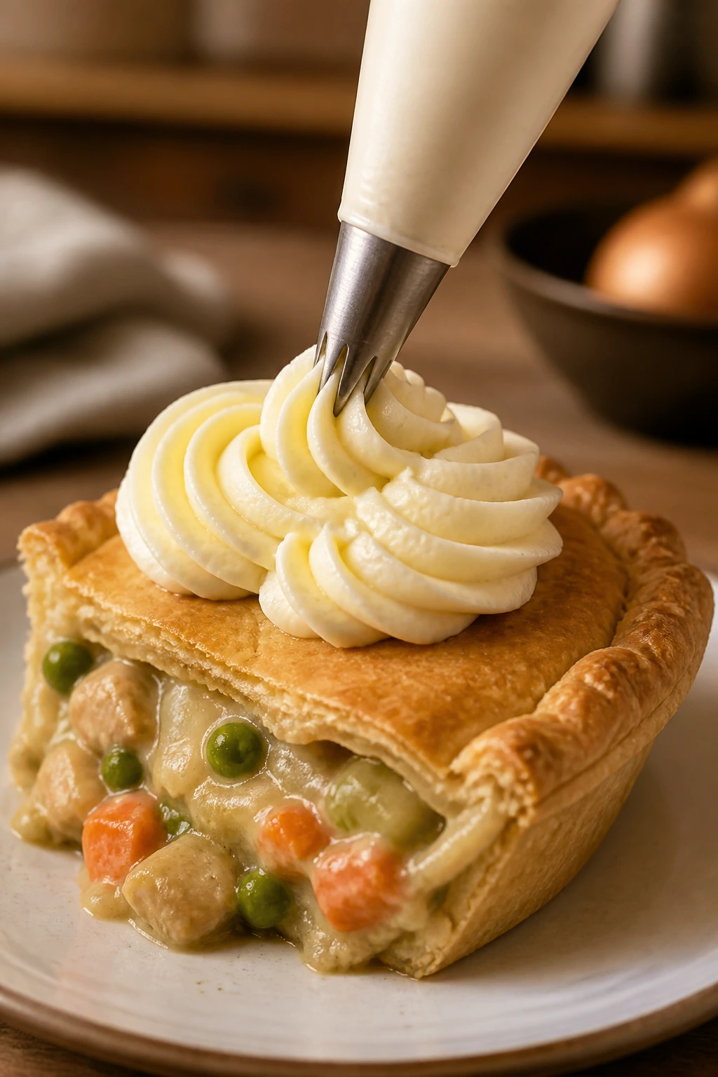 Piped rosettes of savory cream cheese frosting on a plated pie slice