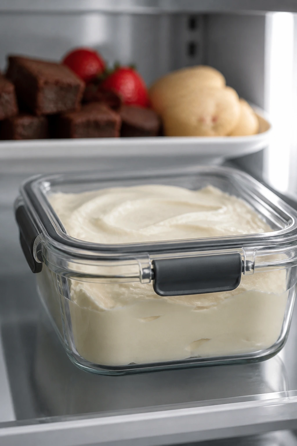 Airtight frosting container in fridge for make-ahead storage