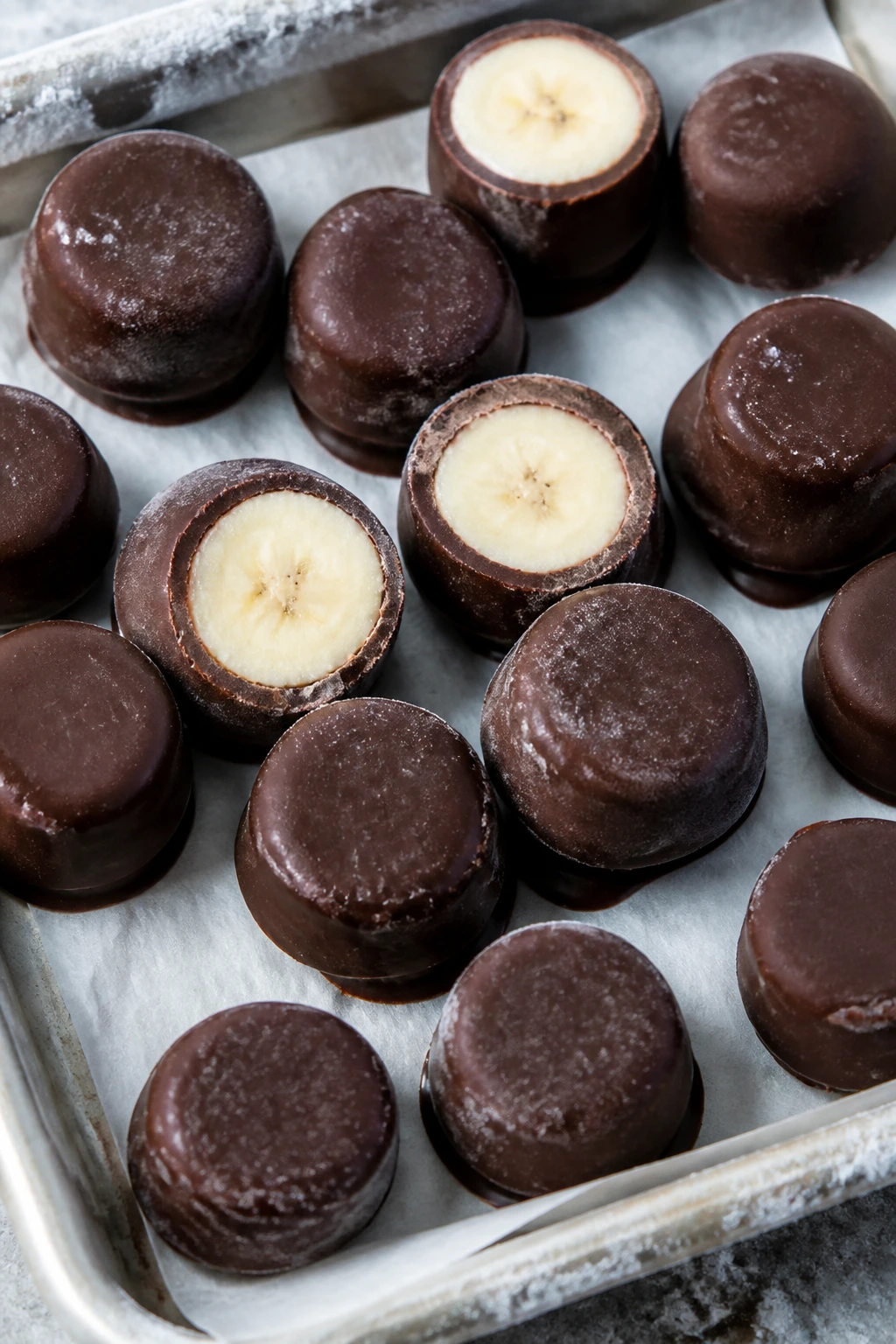 Banana bites dipped in chocolate on parchment, cooling in a freezer