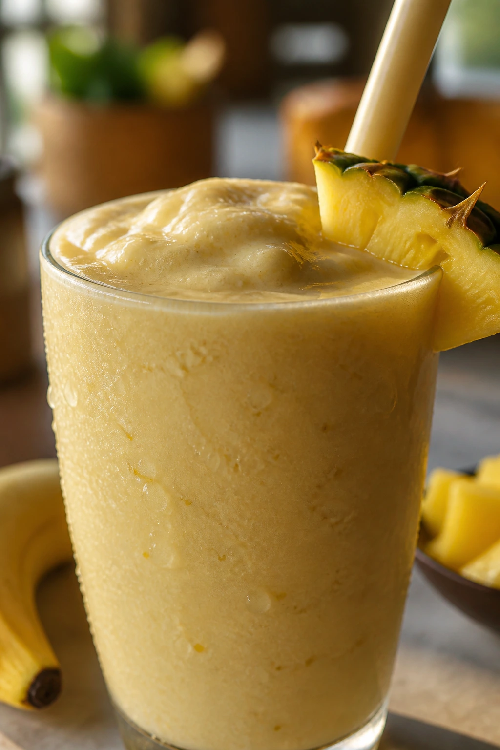 Close-up of Frozen Banana Piña Shake in a chilled glass with pineapple garnish