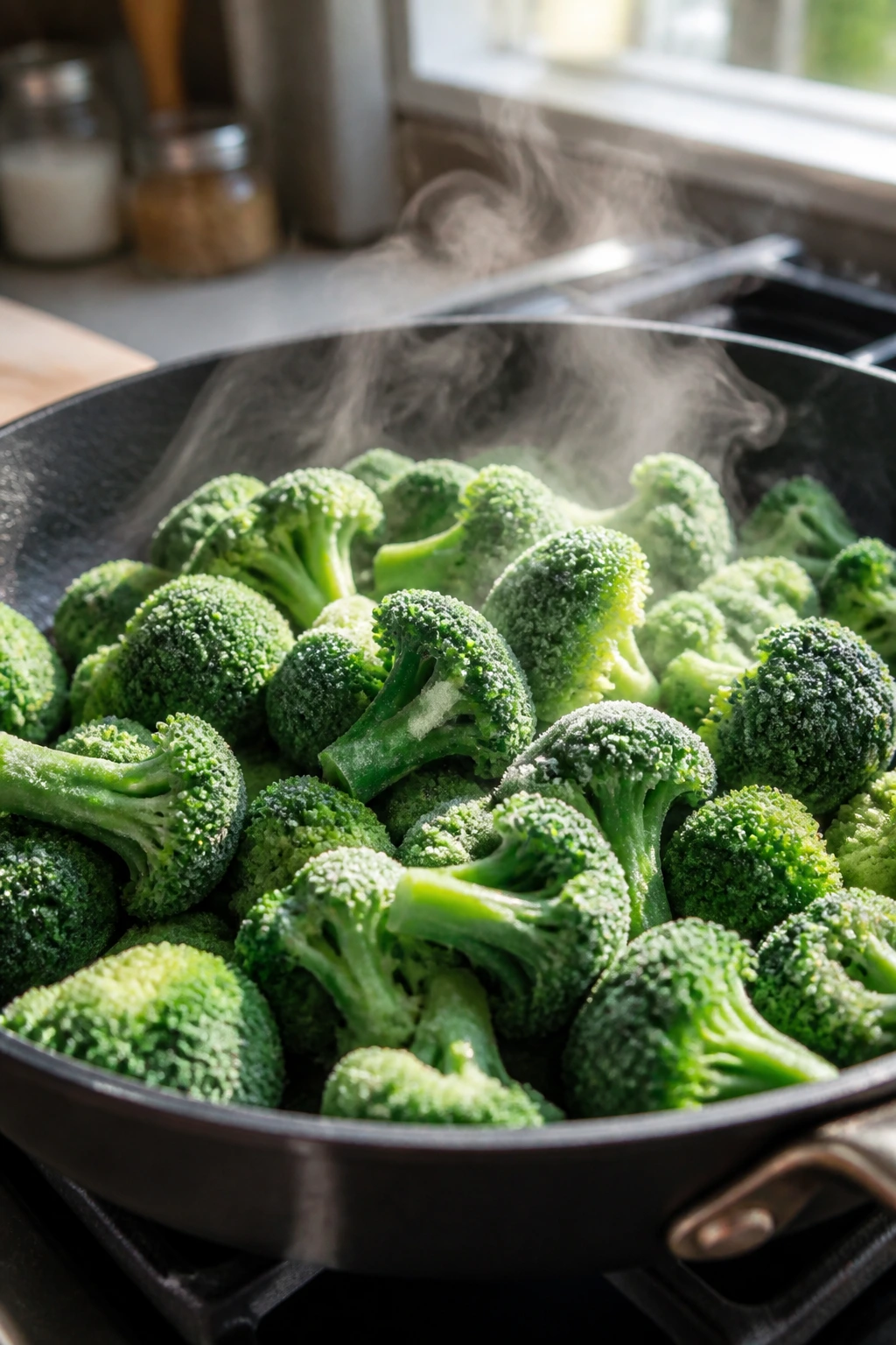Steaming frozen broccoli in a pan