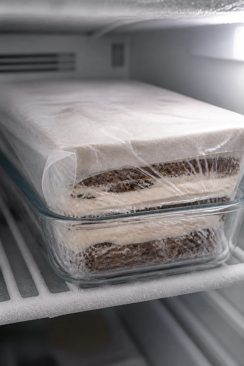 Wrapped ice cream sandwich cake in a clear pan inside a home freezer
