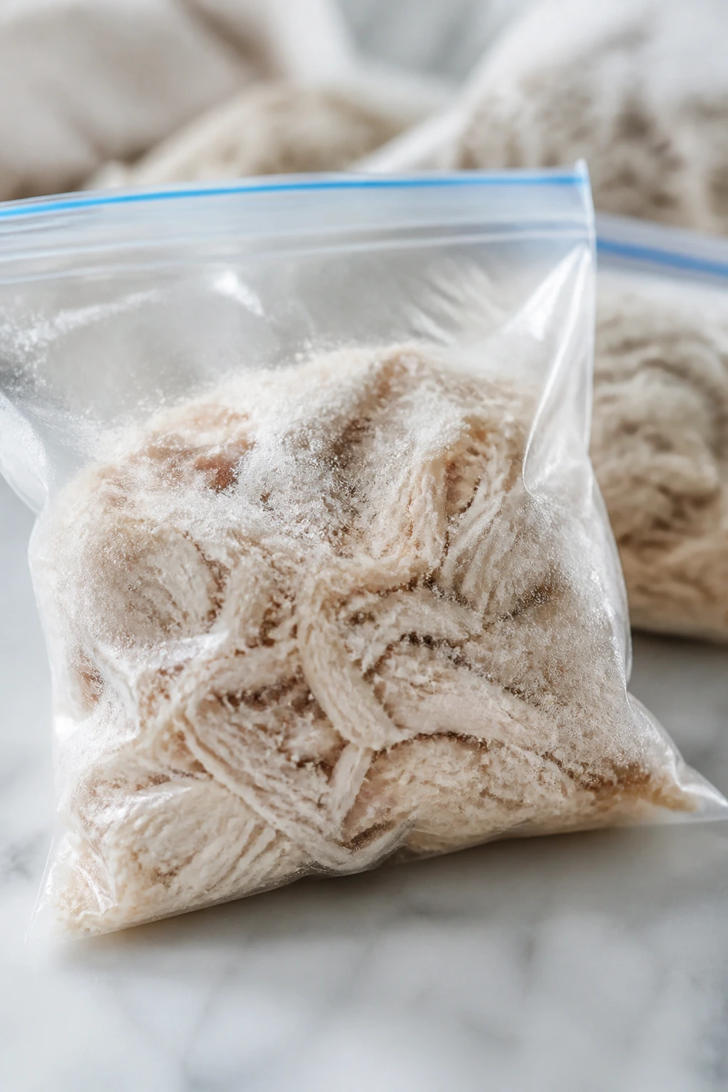Small freezer bag with shredded chicken for testing