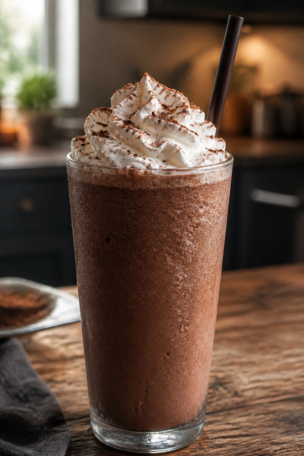 Close-up of Frozen Hot Chocolate Smoothie in a tall glass with whipped cream