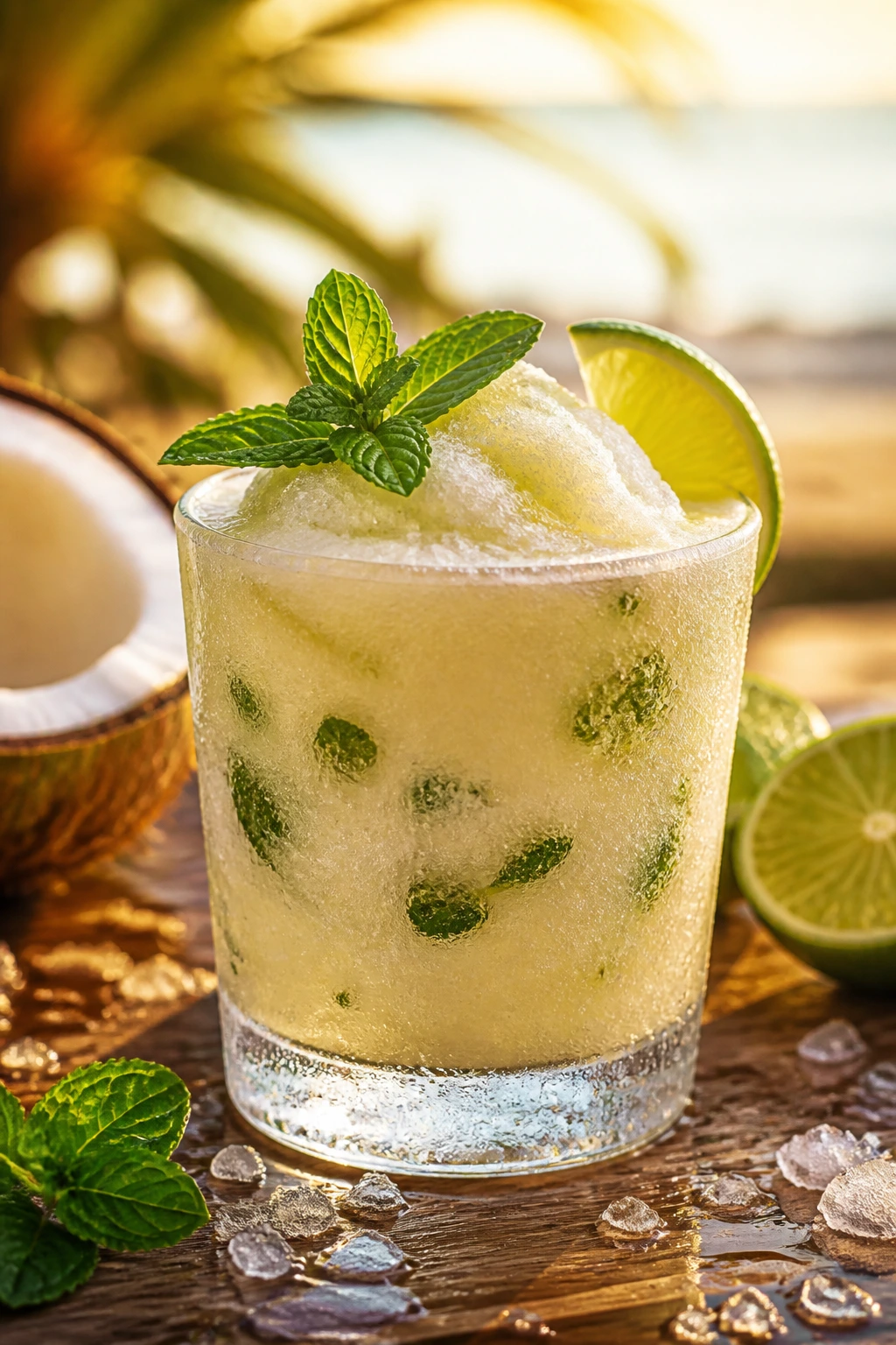 Frozen Coconut Mojito in a glass with mint