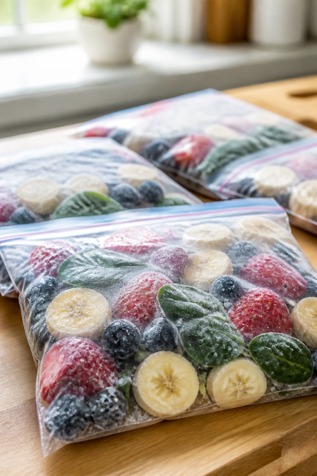 Close-up of frozen berry smoothie packs in clear freezer bags on a kitchen counter