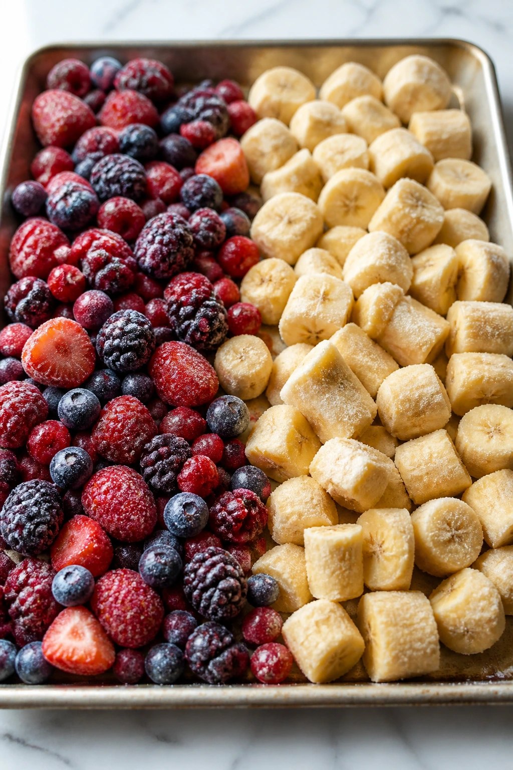 Tray showing well-frozen berries contrasted with banana bricks