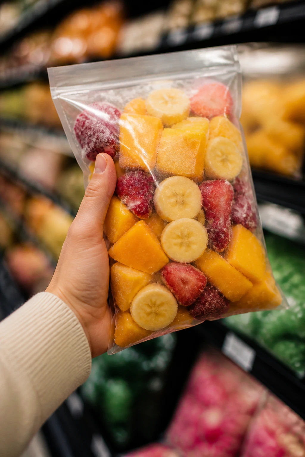 Hand holding bag of frozen fruit in grocery store