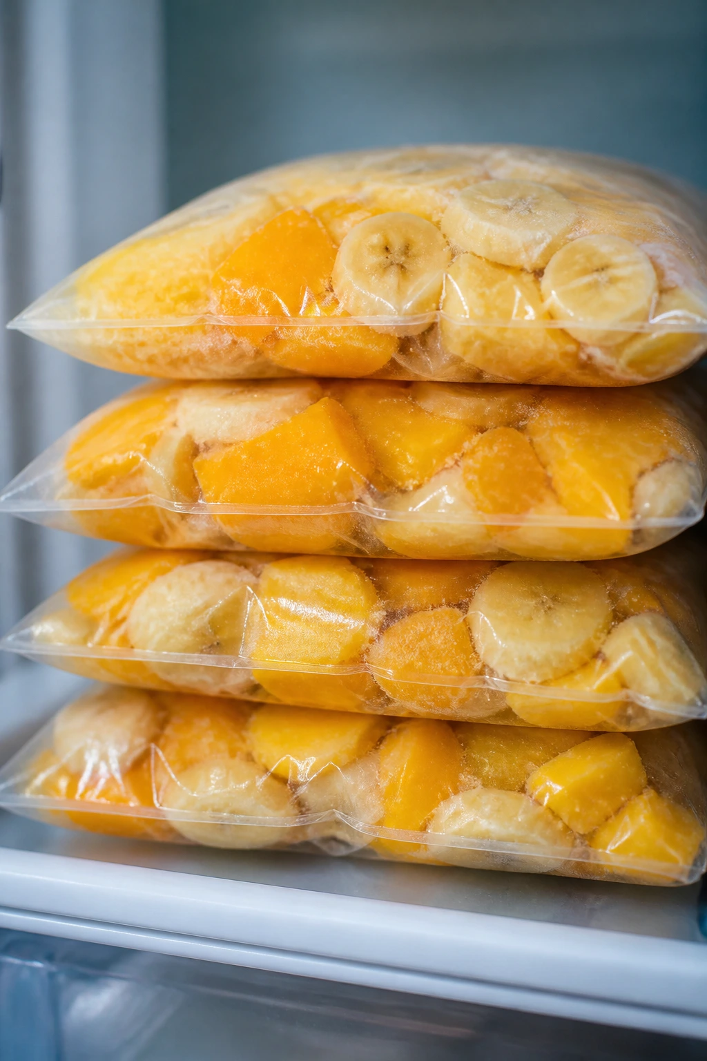 Close-up of frozen fruit packs with mango, pineapple, and banana on a freezer shelf