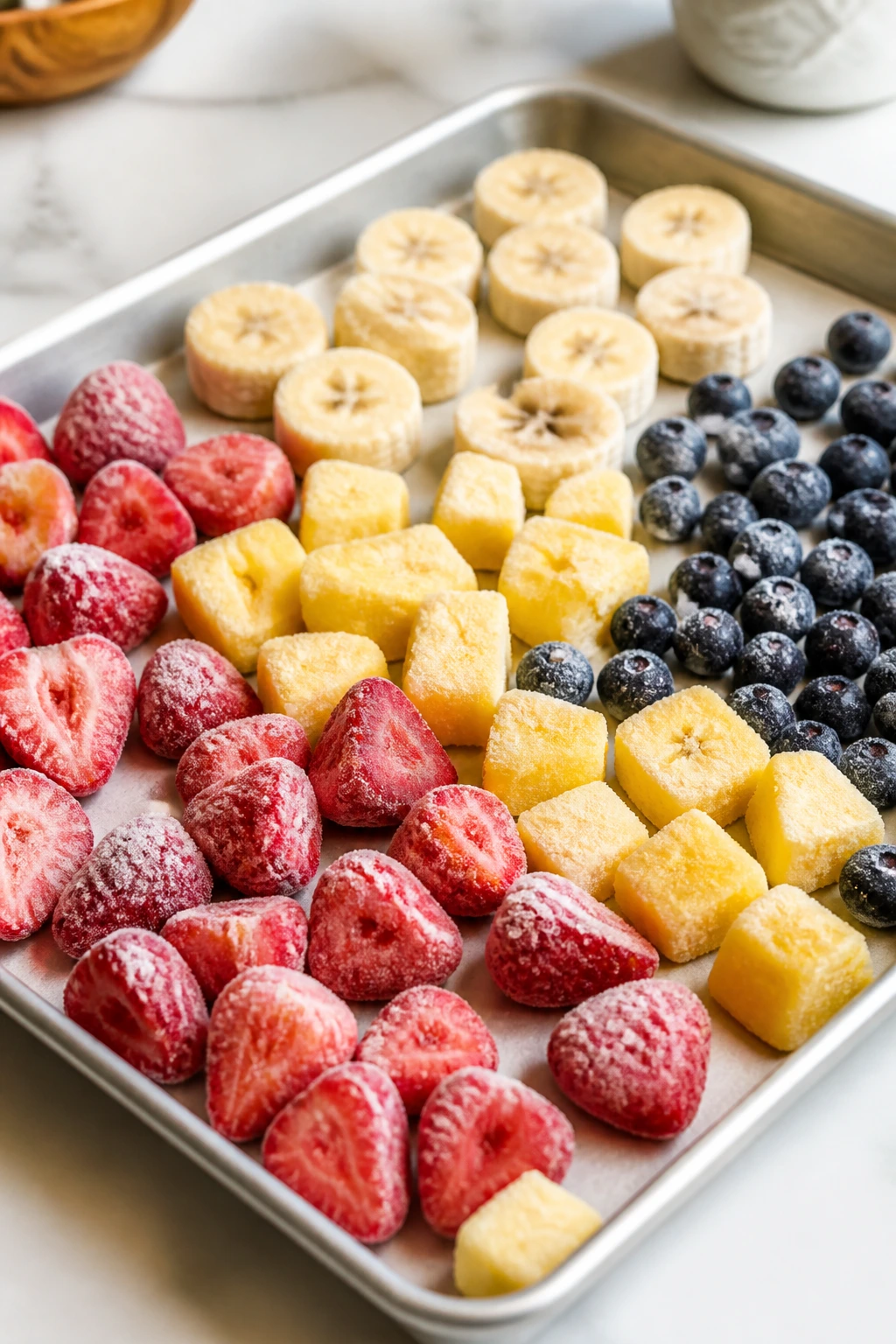 Sheet pan with single-layer frozen fruit on counter