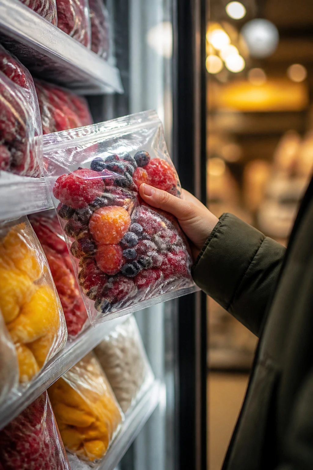 Hand selecting frozen fruit in a grocery store freezer.