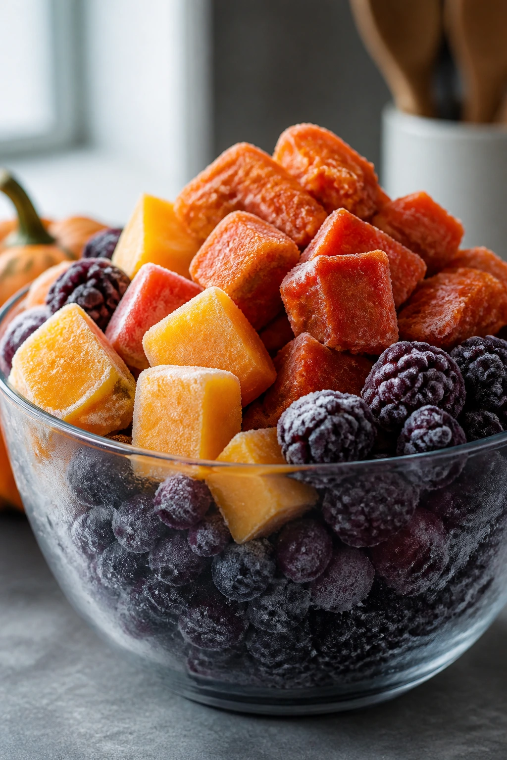 Frozen fruit chunks in a bowl for spooky Halloween smoothies