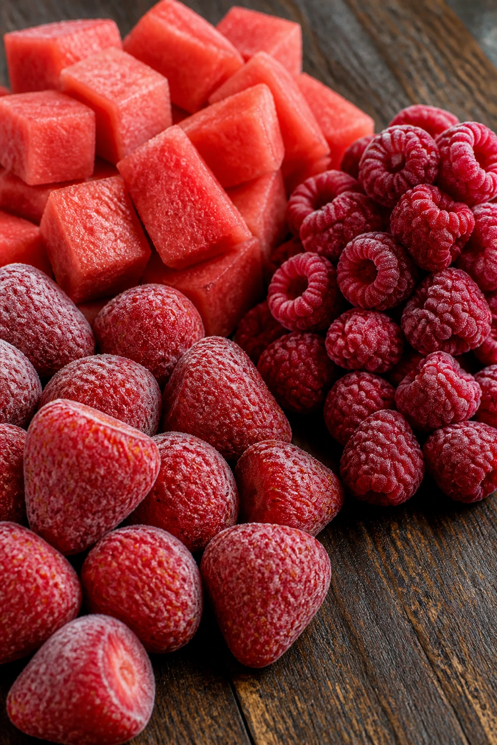 Close-up of frozen strawberries, watermelon cubes, and raspberries on a wooden surface