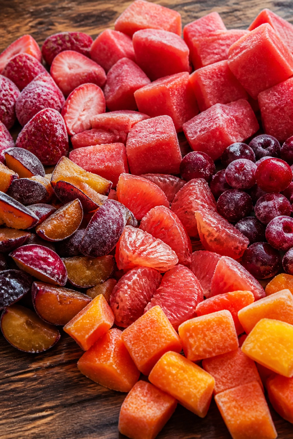 Close-up of a vibrant pile of frozen fruit chunks on a wooden counter.