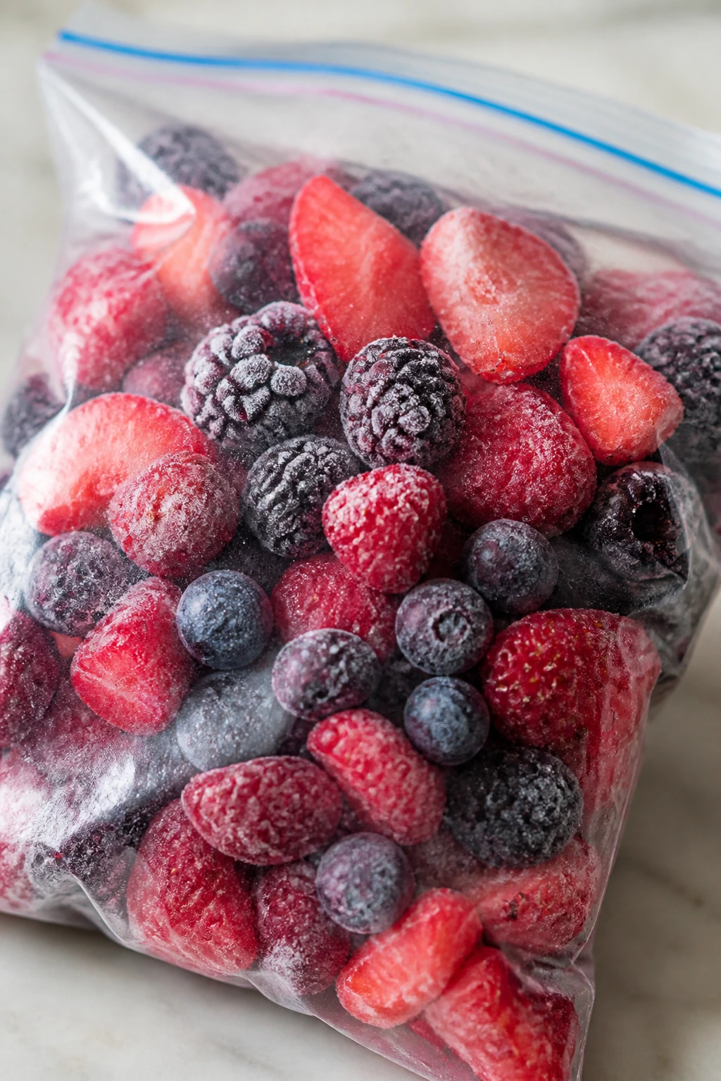 Bag of frozen fruit on a kitchen counter in bright light
