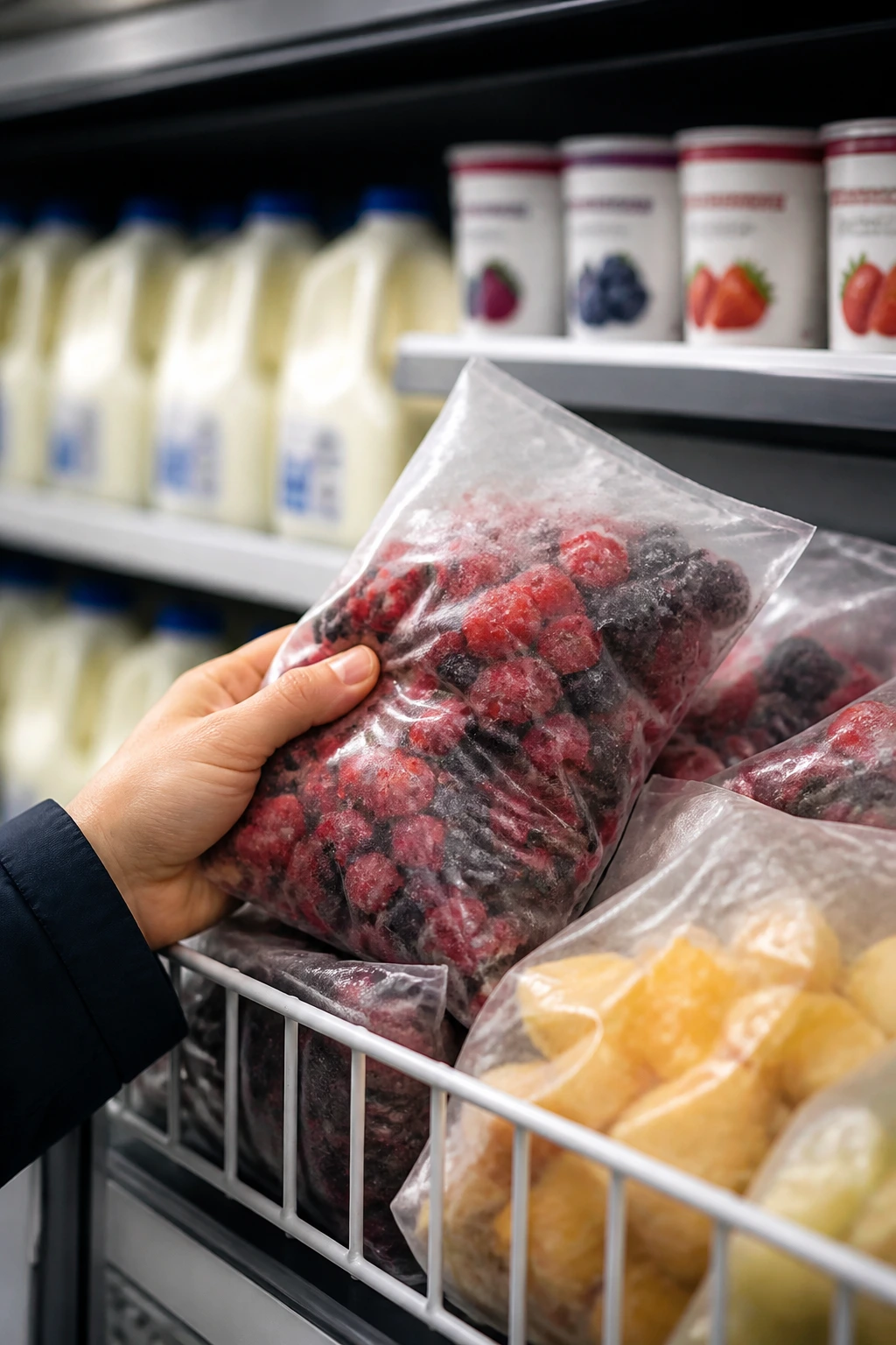 Hand selecting frozen fruit bag in freezer with yogurt and milk in background