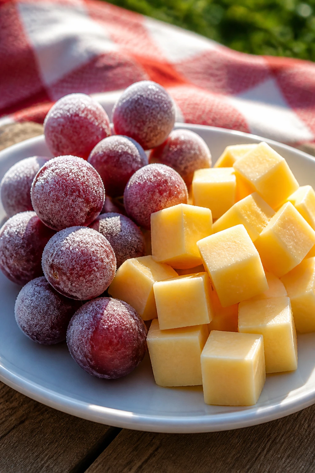 Frozen grapes and cheese cubes on a picnic plate outdoors