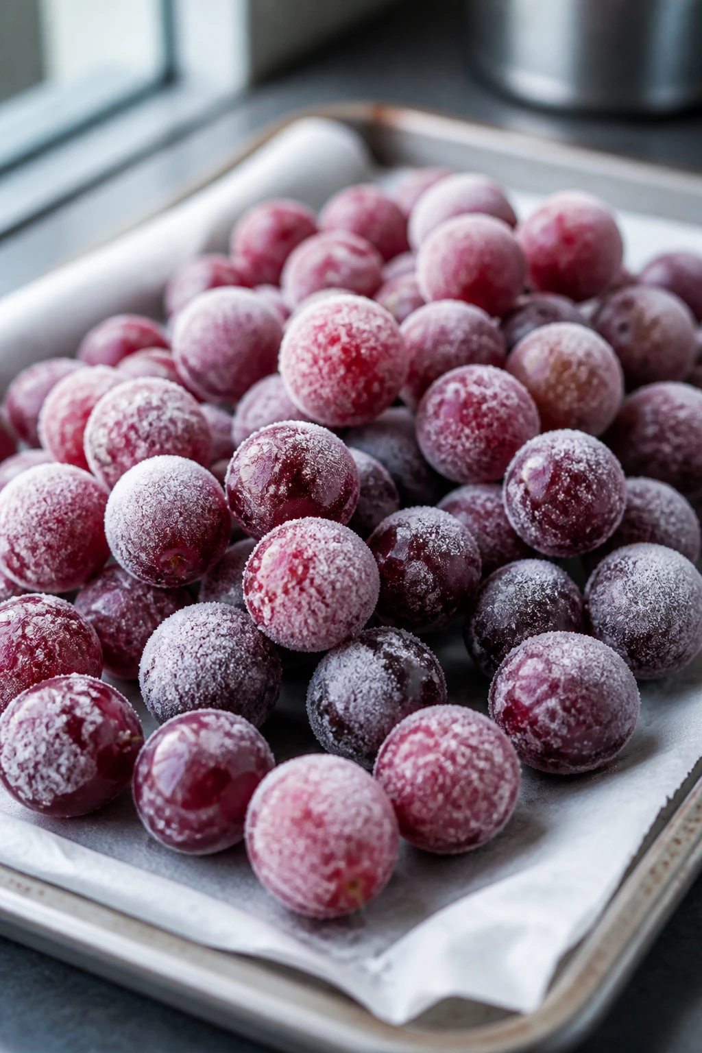 Frosty grapes on parchment in a cool kitchen