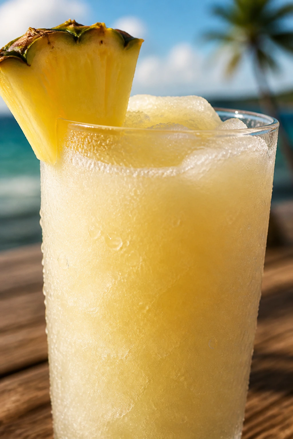 Frozen Malibu cocktail with ice crystals in frosted glass