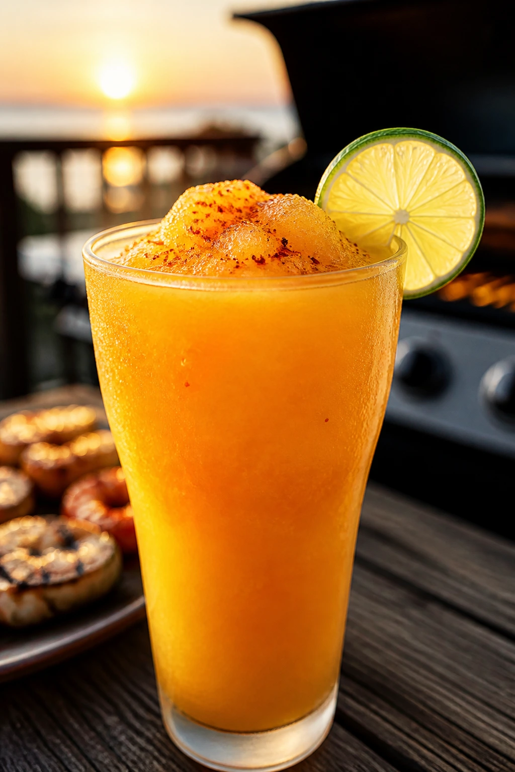 Frosty frozen mango daiquiri with lime wheel on a grill-side deck at sunset
