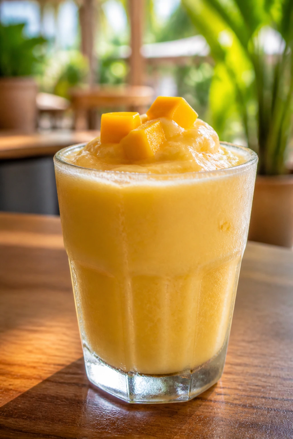 Close-up of Frozen Mango Lassi in a chilled glass on a bright tropical cafe table