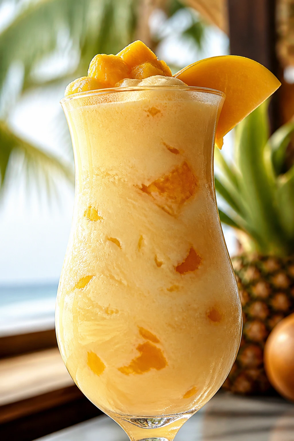Frozen Mango Piña Colada in hurricane glass with mango garnish