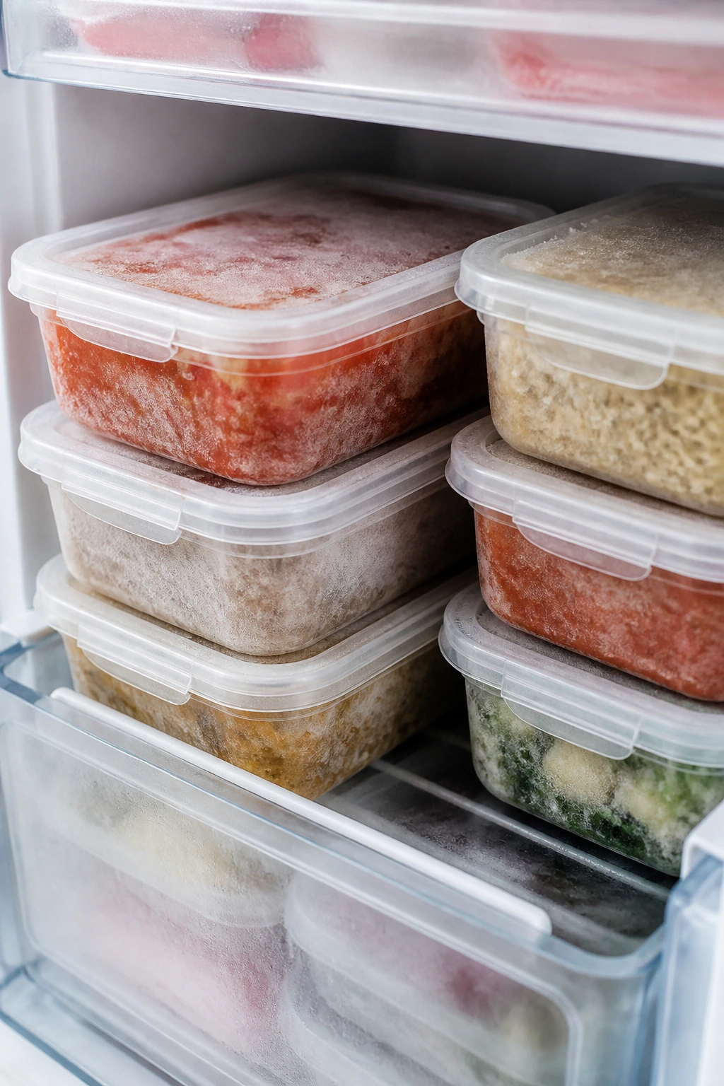 Freezer shelf with stacked frozen meal containers