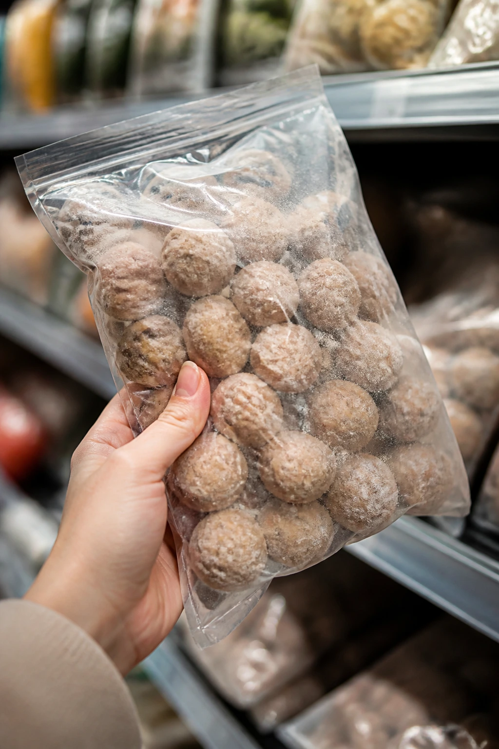 Hand selecting a bag of frozen meatballs at a grocery store