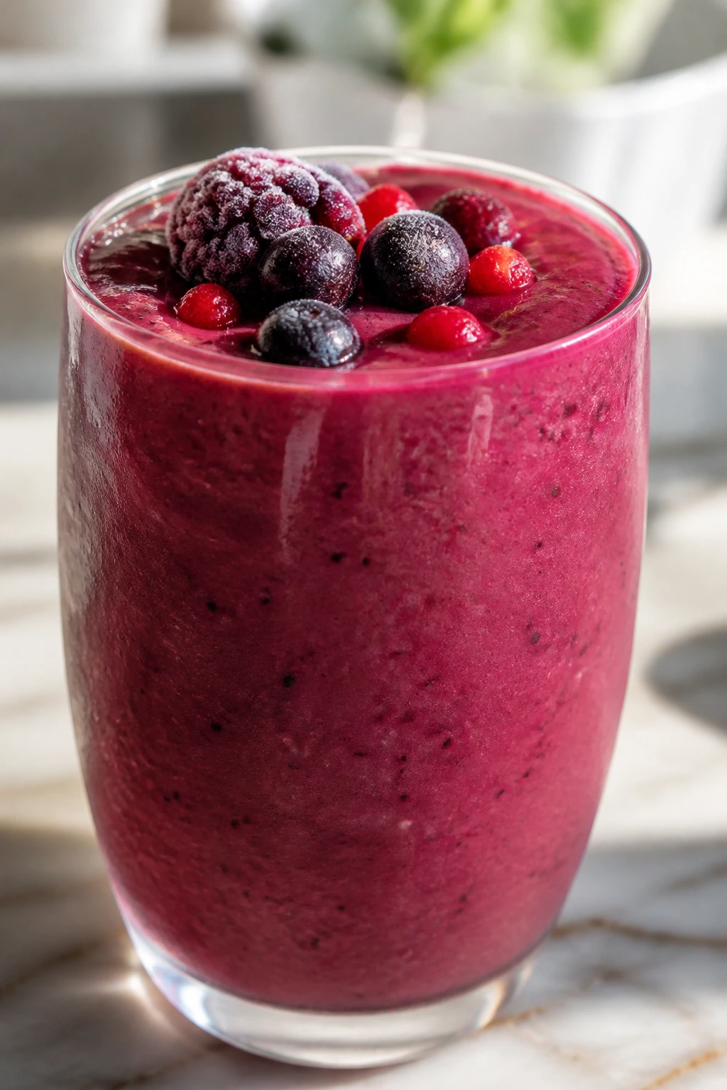 Close-up of Frozen Mixed Berry Protein Smoothie in a glass on a sunlit kitchen counter