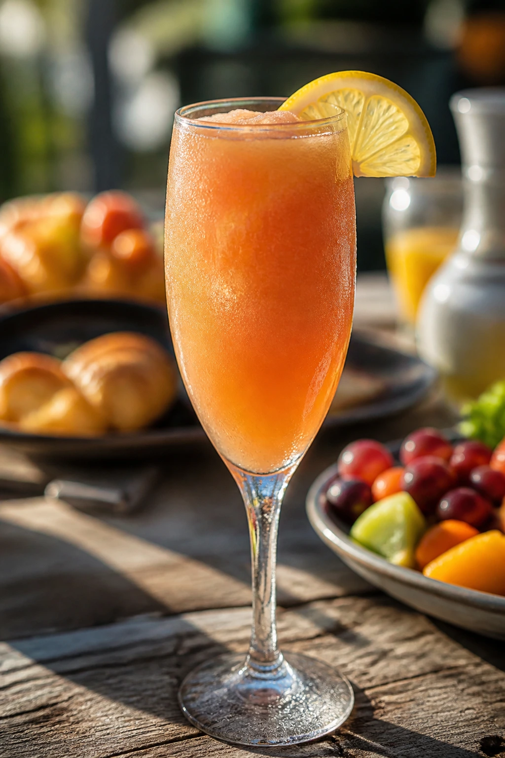 Close-up of Frozen Peach Bellini in a flute with peach hue
