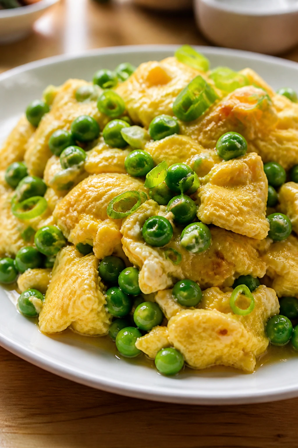 Close-up of Frozen Peas and Eggs dish with eggs and peas on a plate