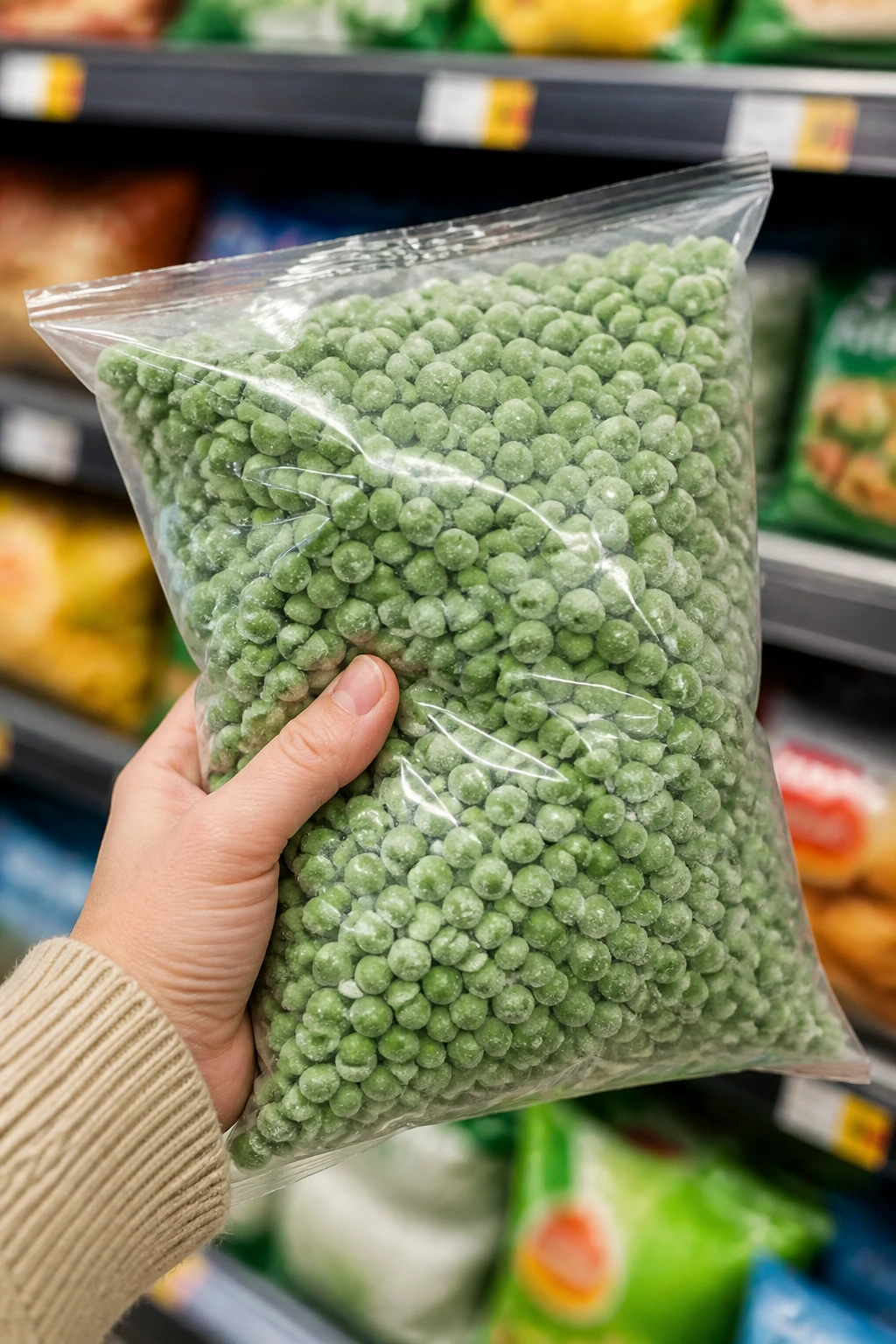 Unlabelled bag of frozen peas in grocery store