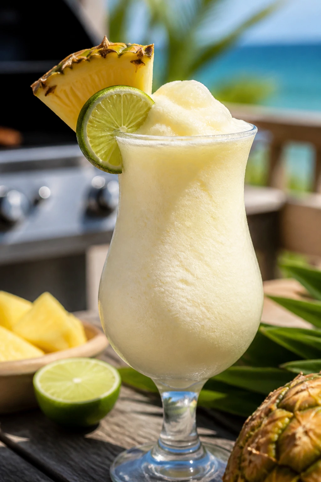Close-up of Frozen Piña Colada in a hurricane glass