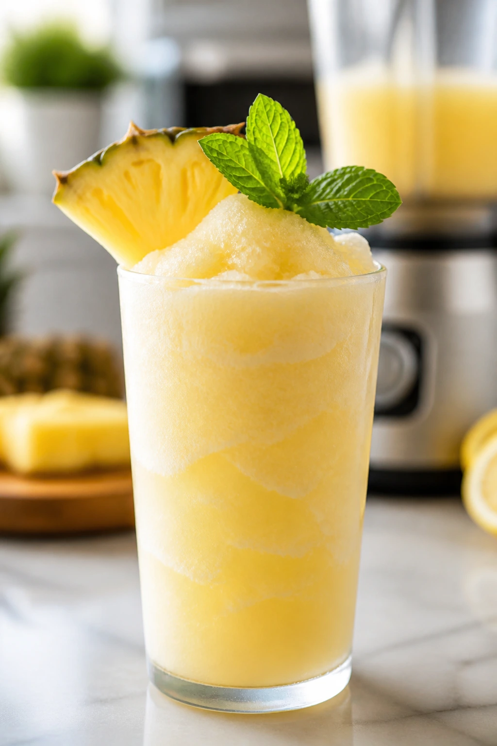 Frosty pineapple vodka lemonade slushy in tall glass with pineapple and mint