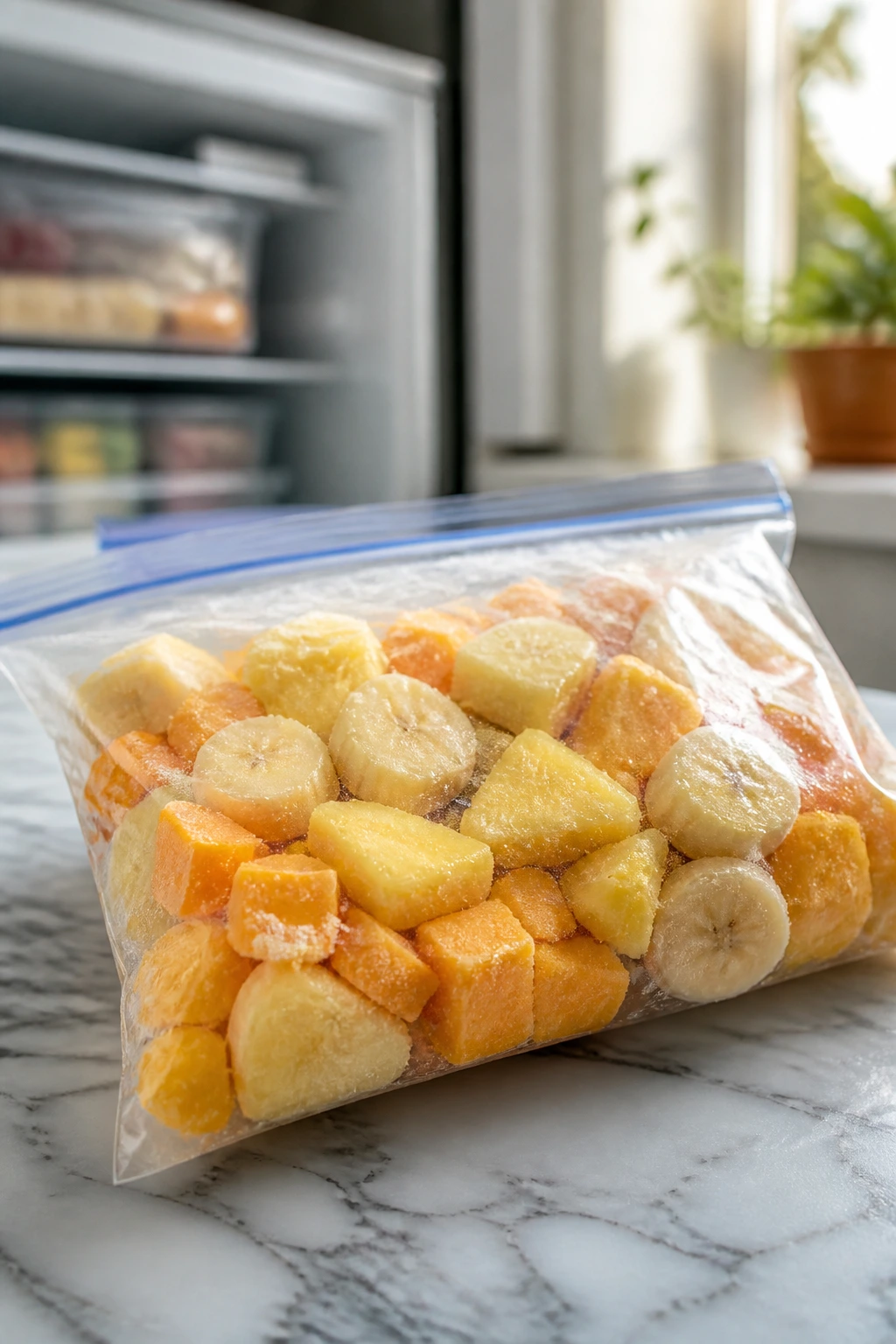 Close-up of a frozen smoothie pack bag on a kitchen counter ready for blending